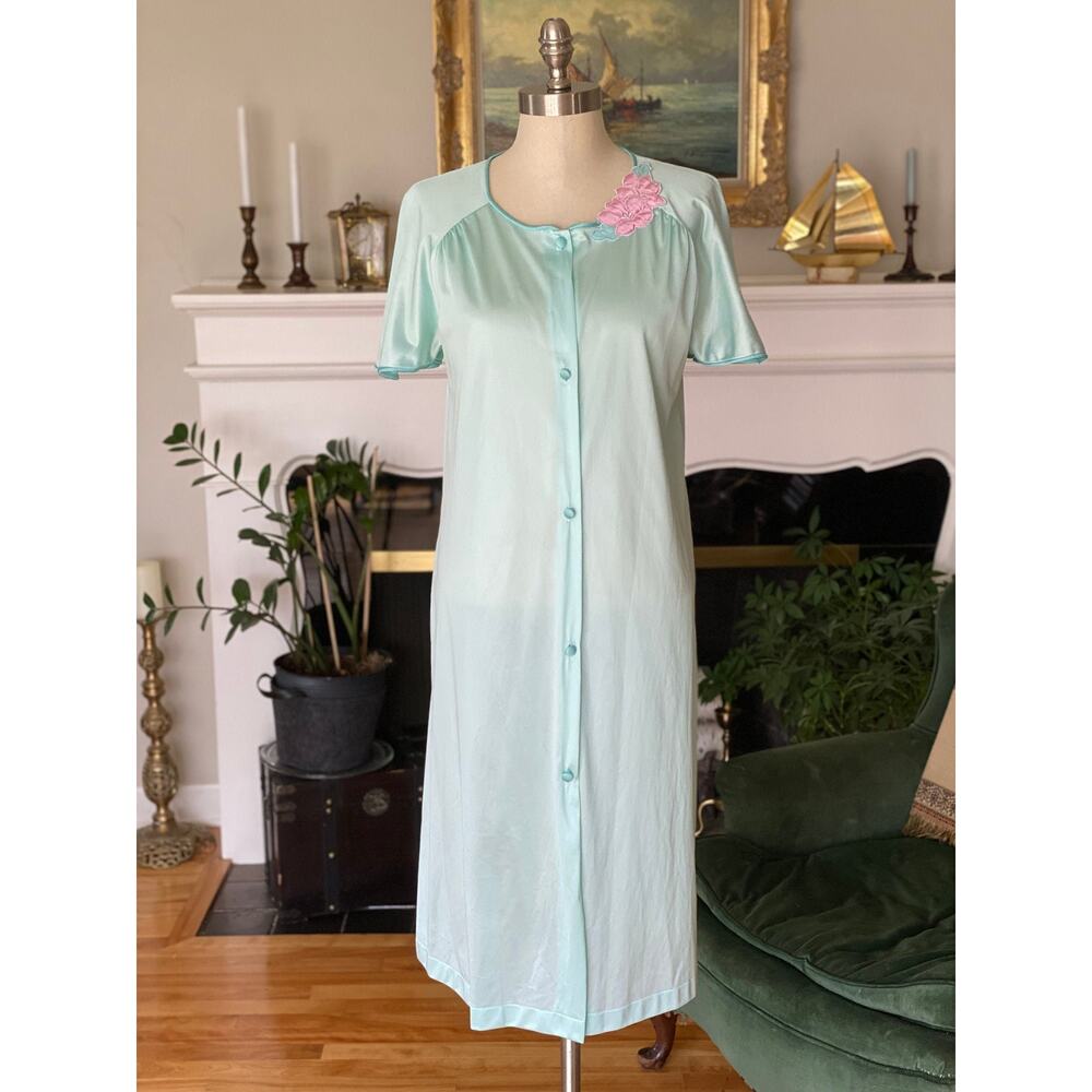 70s Vintage Nightgown by Lorraine, Sheer Green Silky Pajamas, Appliqué, S